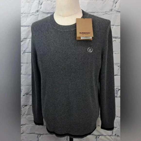 NWT Burberry  Men's Ribbed Sweater TB Logo Cashmere Gray Crewneck Small - Picture 2 of 16